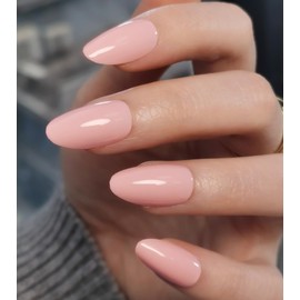 Morily Short Fake Press on Nails Almond with Glitter Designs, Light Pink Acrylic Thick Stick on False Nail Reusable Glossy Full Cover Manicure for Women, 32 Pcs