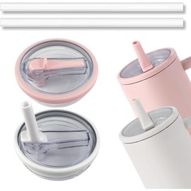 Pack of 2 Replacement Lids for 40 oz Cups, Reusable Leak-proof and Dustproof Tumbler Covers, Cup with 2 Straw Lids, Replacement Lid for Accessories (White + Pink)