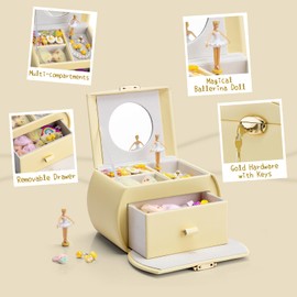 Vlando Musical Jewelry Box for Girls Kids with Drawer, Music Box with Ballerina and Stickers for Birthday Bedroom Decor, Yellow