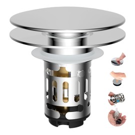 Hibbent Upgraded 3 in 1 Bathroom Sink Drain Strainer, Universal Pop Up Sink Stopper with Big Push Cap, Anti-Clogging Metal Filter Basket,Sink Plug with Hair Catcher for 1.1''~2.36'' Basin, Chrome