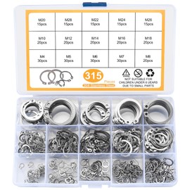 315 Pcs Circlips Assorted Sizes, E Clips Snap Rings, External Retaining Ring C Clips Set, E-Clips Snap Opening Ring Circlips Washers for Axles, Shafts, Moving Parts M4-M28, Stainless Steel, Silver