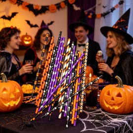 Halloween Party Paper Straws Black and Orange Purple Pumpkins Bats Skulls Patterns 8 Color Mixed Biodegradable Drinking Straws Pack of 100