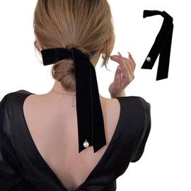 Petit Celeb Ribbon, Large, Velour, Long Headdress, Wedding Tiara, Adult, Women's, Black, Pearl, Clip, Hair Arrangement, Single Pearl, Hair Access, Velvet, Long, Graduation Ceremony, Entrance Ceremony,