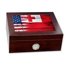ExpressItBest Premium Desktop Humidor - Glass Top - Flag of Tonga (Tongan) - Wood with USA Flag - Cedar lined with humidifier & front mounted hygrometer.