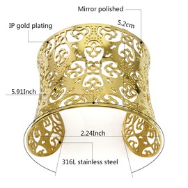 COUYA Wide Big Women Bangle Bracelets Flower Carving Design Stainless Steel Wrist Cuff Bangle (gold flower), 52mm wide (bangle bracelets 510)