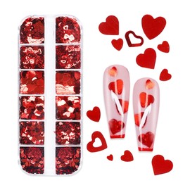 WAFOLOZE 12Grids Red Heart Nail Glitter Sequins 3D Heart Nail Art Stickers Decals Valentines Glitter for Nails Design Love Nail Flakes Valentines Day Nail Art Glitters Sparkle Acrylic Nail Decorations