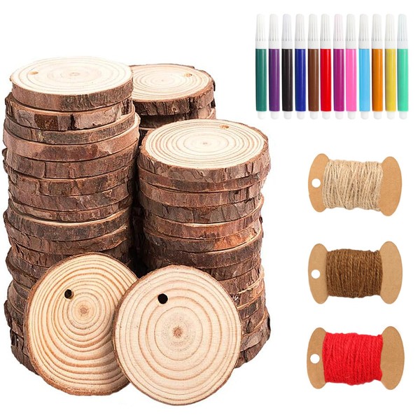 HOHOTIME Natural Wood Slices, 50 PCS 2.4''-2.8'' Unfinished Predrilled with