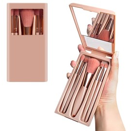 Juego de brochas de viaje, 5 brochas de maquillaje portátiles con espejo, juego de herramientas de maquillaje fáciles de tomar para sombra de ojos, co