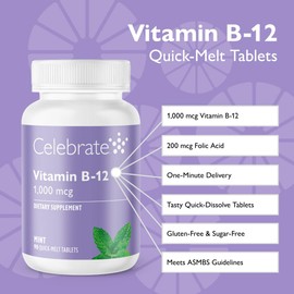 Celebrate Vitamins Vitamin B-12 Quick Melt Tablets, 1000 mcg with Folic Acid, 90 Count (Mint)