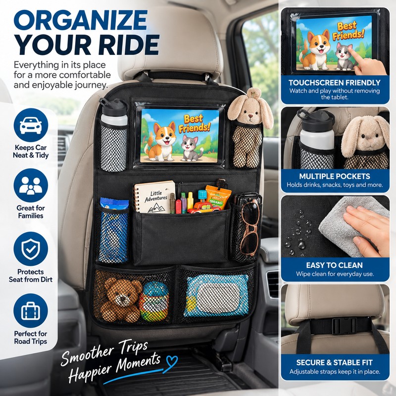 Car Backseat Organizer for Travel – Foldable Storage Pockets with
