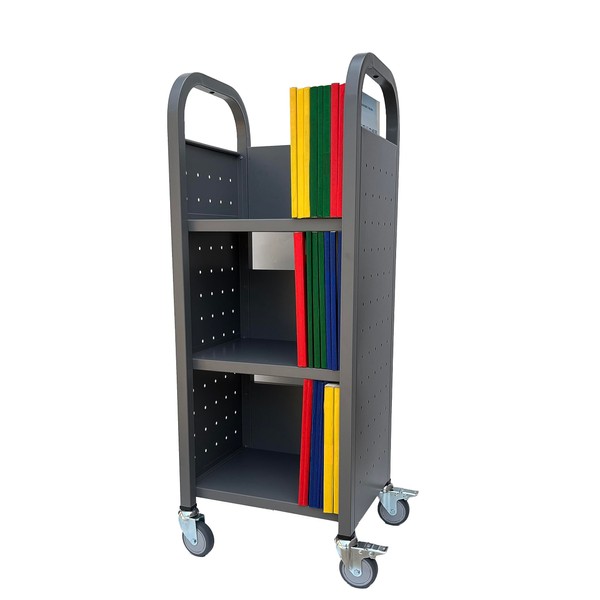 Workington Single Bank Rolling Book Truck Book Cart with 3 Flat Shelves, Library Book Cart with Swivel Lockable Casters 3000 Gray
