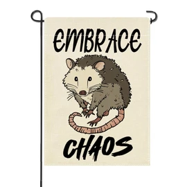 Artofy Funny Opossum Embrace Chaos Small Decorative Garden Flag, Humorous Yard Lawn Outside Decor, Farmhouse Burlap Outdoor Home Decoration Double Sided 12 x 18