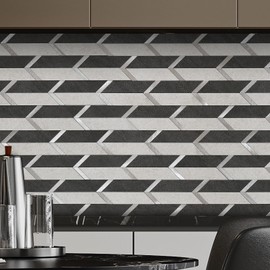 Betywal 5 Sheets Backsplash Tile for Kitchen Peel and Stick, Self Adhesive Marble Tiles Stick on Wall Tiles for Kitchen, Bathroom, Herringbone Peel and Stick Back Splash (Grey Black)