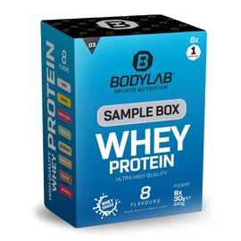 Bodylab24 Whey Protein 3 Sample Box (8 x 30 g), 80% Protein Content, Rich in BCAAs, 8 Flavours to Try with 1 Portion Each, Perfectly Soluble, Ideal for Use After Training