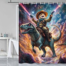 Grtuspr Cute Kids Shower Curtain, Cool Unicorn Riding Dinosaur Shower Curtain Sets for Bathroom,Funny Cartoon Colorful Rainbow in Fantasy Galaxy Space Boys Girls Restroom Decor Accessories with Hooks