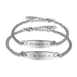 JewelryWe Men’s and Women’s Bracelet, Love and Friendship Bracelets, His Crazy & Her Weirdo Heart, Stainless Steel and Zirconia, Black, Rose Gold or Silver - Customisable, Stainless Steel, Silver (i Am Hers & He Is Mine)