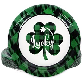 Whaline St. Patrick's Day Paper Plates Plaid Shamrock Round Disposable Plates 9 Inch Lucky Clover Decorative Tableware for Irish Holiday Birthday Party Supplies Table Decorations, 24Pcs | Whaline