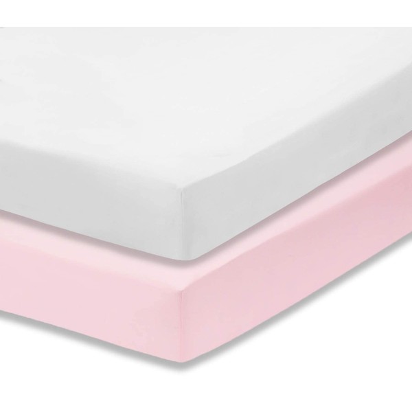 Dudu N Girlie Cot Bed Cotton Fitted Sheets | Cot sheets 140 x 70 Fitted Cotton | Jersey Soft Besheet Hypoallergenic Fully Elasticated Skirt Breathable (Pack of 2, White & Pink)