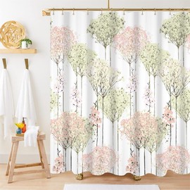 Ruelvth Forest Shower Curtain, Abstract Pink and Green Tree Shower Curtain Set for Bathroom Watercolor Spring Botanical Shower Curtain Set with Hooks, 72x72 Inch