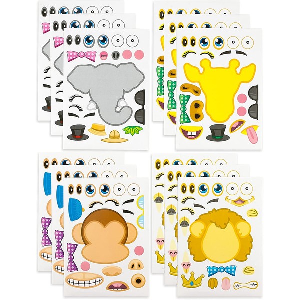 Kicko Make-a-Zoo Animal Sticker Sheets -12 Pack - for Kids, Arts, Parties, Birthdays, Party Favors, Crafts, School, Daycare, Etc.
