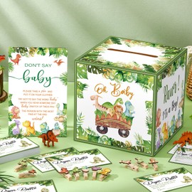 Dispowreath Dispowreath 102 Pcs Dinosaur Baby Shower Game Supplies Diaper Raffle Ticket with Diaper Raffle Card Box Don't Say Sign Mini Clothespin Baby Shower Game Decor for Gender Reveal Favor