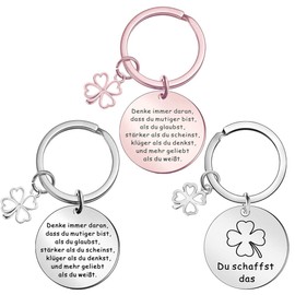 ZGCXRTO Denke Immer Daran Keyring, Pack of 3 Double-Sided Lucky Charm Key Fob Lucky Charm Exam Coin Four-Leaf Clover Courage Lucky Charm Gift for Women, Silver