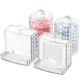 Juego de 4 Dispensadores de Soporte Qtip - Recipientes Para Baño con Tapa Tarro de Bastoncillos de Algodón Redondo Organizador de Maquillaje Transparente para Hisopos de Algodón y Hilo Dental