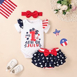 CETEPY 9-12 Months 4th of July Outfits Baby Girls Clothes Newborn Ruffle Romper + Dress Pants with Headband Infant Clothes Set 9-12 Months