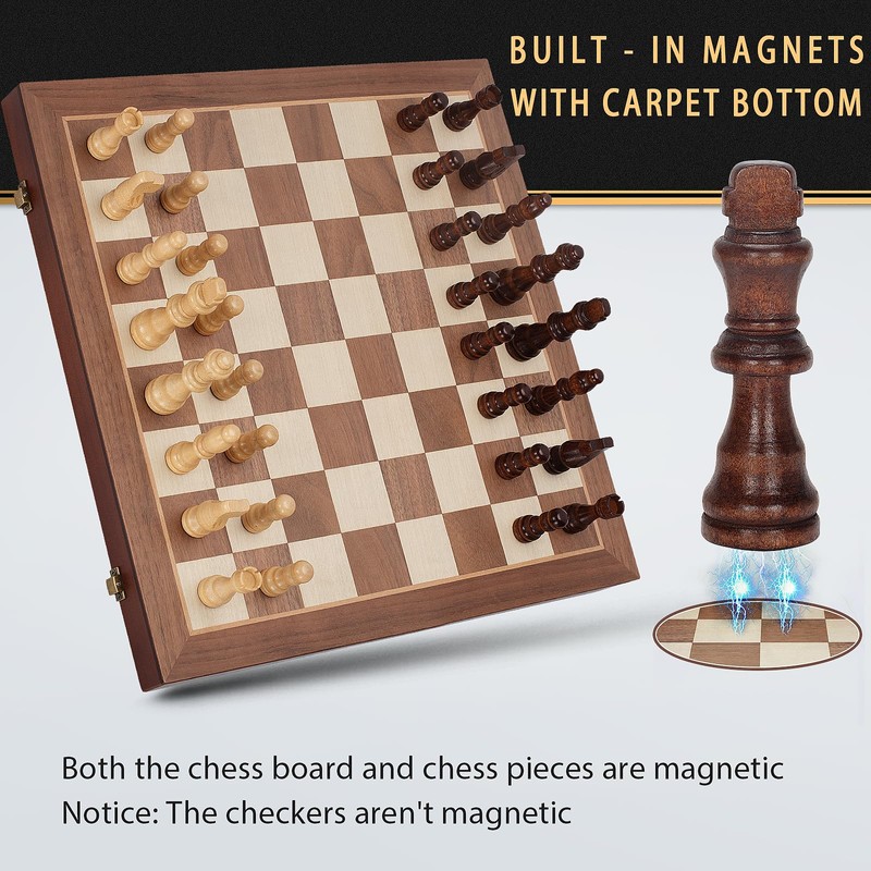 2 in 1 Magnetic Wooden Chess and Checkers Board Game