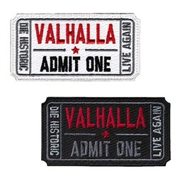 Homiego Ticket to Valhalla Admit One Die Historic Live Again Tactical Morale Badge Embroidery Iron on Patch (1Black+1White)