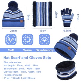 Yuson Girl 3 Pcs Kids Winter Stripe Knitted Bobble Beanie Hat Snood Scarf Gloves Set with Thick Fleece Lining Cotton Thermal Knit Pom Pom Hat Cap Neck Warmer for Children Outdoor Boy Girl
