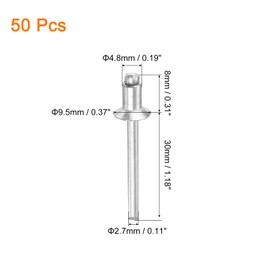 sourcing map 50Pcs 3/16" x 5/16" 304 Stainless Steel Countersunk Blind Rivet, Open-End Type Blind Rivets for DIY, Sheet Metal, Automotive Repairs, Furniture, Boat, and Duct Work (Silver)