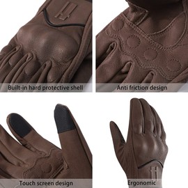 Harssidanzar Mens Motorcycle Gloves Fleece Lined Winter Warm Goatskin Leather Touchscreen GM041CA, Brown, Size Small