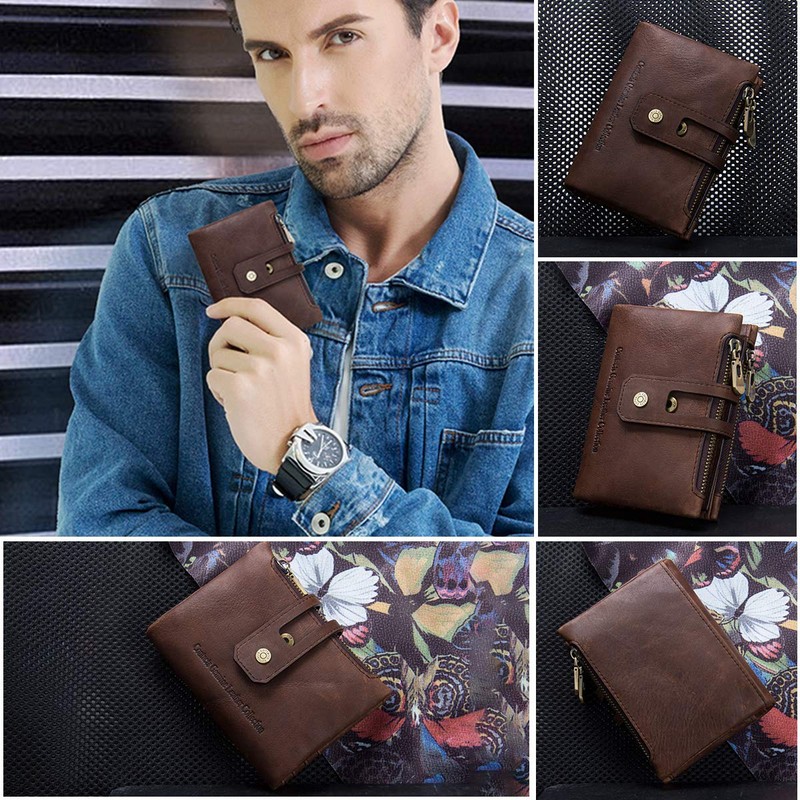 Mens Wallet Leather -Mens Genuine Leather RFID Blocking Trifold Double