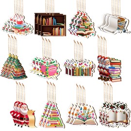 36 Pack Book Lovers Christmas Tree Ornaments Gifts Book Ornaments Christmas Bookshelf Decoration Wooden Xmas Decorations for Bookworms Readers Librarians Woman Man
