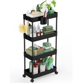 LEHOM Slim Rolling Storage Cart - 4 Tiers Bathroom Organizer Utility Cart Slide Out Storage Shelves Mobile Shelving Unit for Kitchen, Bedroom, Office, Laundry Room, Small Narrow Spaces Black