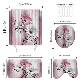Onalasyc 4PCS Pink Daisy Flowers Butterfly Shower Curtain Set with Shower Curtain and Carpet and Accessories, Waterproof Bathroom Shower Curtain Decorative Set with 12 pcs Hooks,71 x 71in
