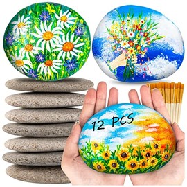 WhistenFla - 12 piezas de rocas grandes para pintar, piedras de río para pintar, rocas lisas y planas con 12 pinceles para pinturas, roca...