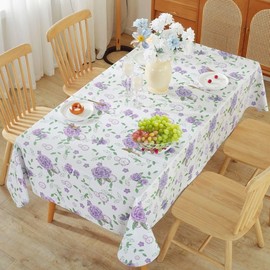 Honellaty Summer Floral Vinyl Tablecloth with Flannel Backing for Rectangle Tables, Wipeable & Non Slip Durable Plastic Table Cover, Spring PVC Table Cloth for Dining, Party (60×102 Inch) Purple Rose