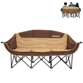 KingCamp 3 Person Camping Chair, Oversized 1100lbs Heavy Duty Loveseat for Adults Portable Folding XL 2 Person Couch Padded Comfortable Three Seat with Cup Holder for Outdoor Lawn, Khaki/Coffee