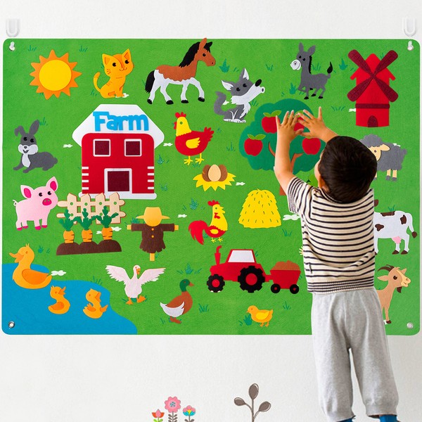 WATINC Farm Animals Felt Story Board Set 3.5Ft 38Pcs Preschool Farmhouse Themed Storytelling Flannel Barnyard Domestic Livestock Early Learning Interactive Play Kit Wall Hanging Gift for Toddlers Kids