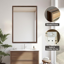TheiaMo 36"x24" Bathroom Mirror with Natural Wood Frame for Wall, Large Rectangle Vanity Mirror Rustic Farmhouse Decor Mirror, Anti-Rust Explosion-Proof, Hang Horizontally or Vertically, Walnut