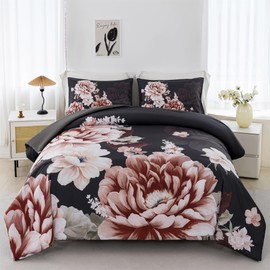 RYNGHIPY Floral Comforter Set King Size Botanical Flowers Leaves Bedding Comforter Sets Lightweight Fluffy Bed Set Pillowcases (Black Grey,King Size)