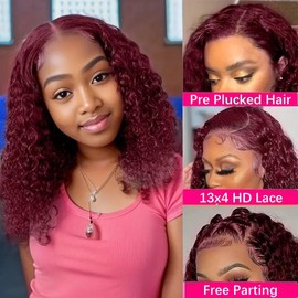 LUMIERE 16 Inch 99j Burgundy Lace Front Wigs Human Hair Natural Wave 13x4 HD Lace Front Glueless Wigs Human Hair Bob Wig Pre Plucked 180% Density Small Knots HD Frontal Wig 16inch