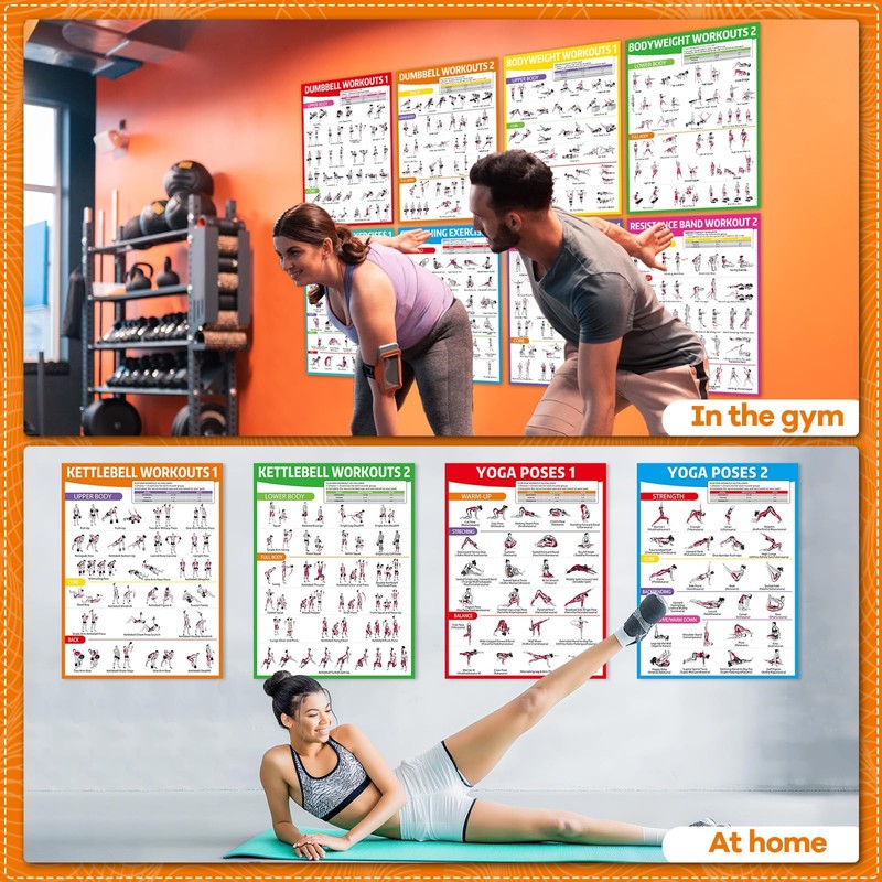 gisgfim 12PCS Workout Posters for Home Gym Dumbbells, Bodyweight, Stretching,