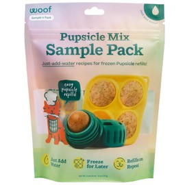 WOOF Pupsicle Mix Sample Pack - Easy-to-Make DIY Pupsicle Refills - Delicious Mix for the Pupsicle Interactive Dog Toy - with Bacon & Cheese, Calming, Balanced Belly, and Dental Mix - 4 Pack Sampler