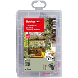 fischer Praktische Helfer Garten & Haus Dowel Box, 71 Pieces, with Screws and DuoPower Dowels (25 x 6 x 30, 15 x 8 x 40), Universal Set for All Fixings, Incl. Gardening Gloves.