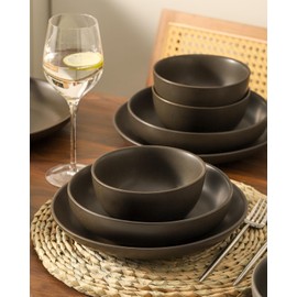 Tikooere Stoneware Dinnerware Set for 4 Person,12 Pieces Ceramic Plates and Bowls Sets Matte Black Modern Dish Set for Kitchen Dinner,Scratch Resistant,Microwave and Dishwasher Safe,Round