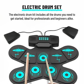 Electronic Drum Set, 9 Pads Roll Up Electric Drum Set, Practice Drum Pad Drum Kit with Headphone Jack, Built in Speaker Digital Drum Pedals Drum Sticks, Holiday Birthday Gifts