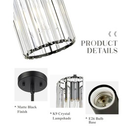 Cargifak Crystal Pendant Light, Mini Chandelier with Matte Black Finish, Modern Hanging Light Fixture for Kitchen Dining Room Bedroom, CKPL5510-1P-BK